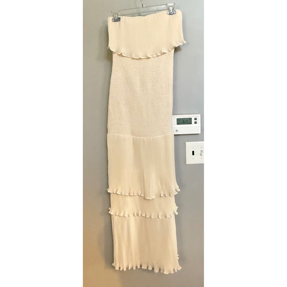Mable Strapless Maxi Dress Women Large Cream Smocked Tiered Pleated Ruffle Boho